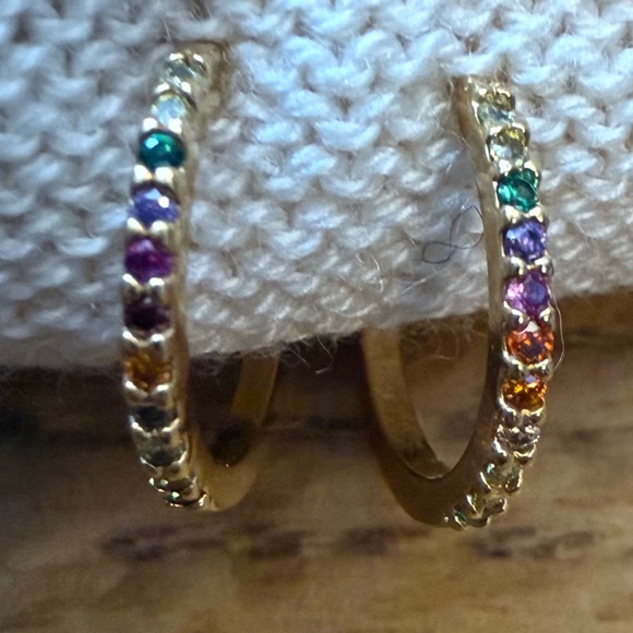 Trendy Rainbow CZ Huggie Hoop Earrings Gold Tone Dainty Minimalist - Picture 1 of 3